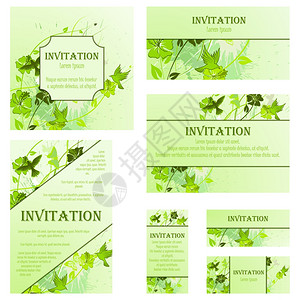 不同大小和格式的一套邀请卡花蝴蝶和鸟用鲜绿背景墨水布的优雅春季设计矢量说明图片