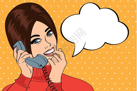 在电话流行艺术插图矢量上聊天的妇女图片