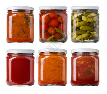 玻璃罐中保存的咸菜蔬和食品原料图片