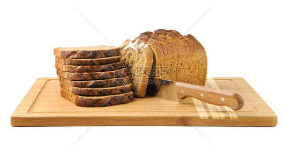 在白色背景上隔离的切面包和刀图片