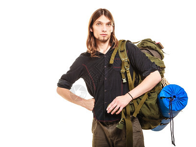 游客背包者肖像暑假旅行的年轻人背包暑假旅行概念孤立于白种背景图片