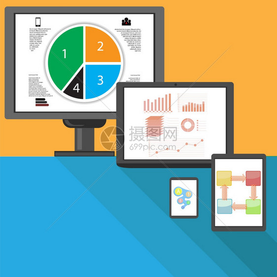 不同互联网设备集分析工具屏幕上的商业图示平面设计长阴影图片