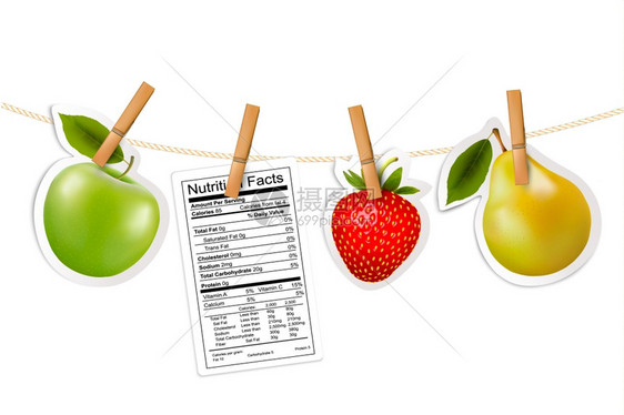 水果贴纸和营养标签挂在绳子上矢量图片