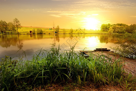 在池塘的木码头上黄的美丽日落图片