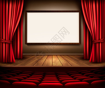 电影院求婚剧院舞台红幕座位和项目板矢量插画