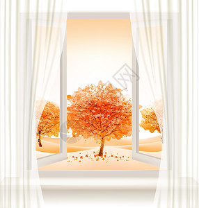 秋天美女秋天背景开着窗子和多彩的树木矢量插画