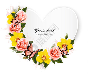 心形横幅玫瑰和黄色兰花矢量图片