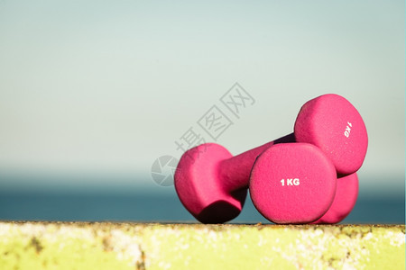 浅粉色哑铃运动标志在海边户外运动图片