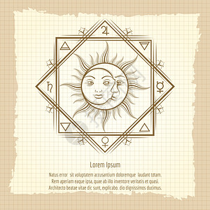 古代背景的太阳和月亮炼金元素和古代风格背景的太阳和月亮矢量插图图片