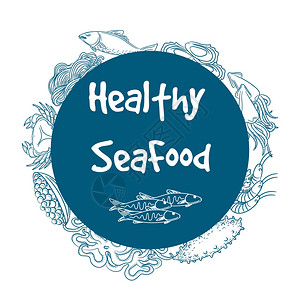 健康海产食品圆环横幅手画健康海产食品圆环标签矢量图片