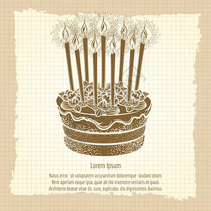 带有生日蛋糕的纪念海报手画的纪念海报绘制了生日蛋糕和蜡烛矢量插图图片