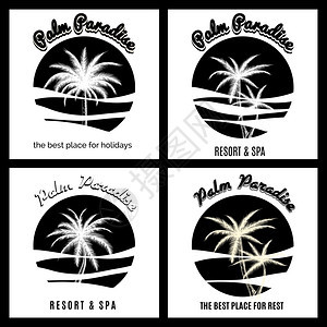 黑白棕榈天堂徽标黑白棕榈天堂徽标设置带棕榈树的单色图标矢量示图片