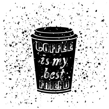 黑咖啡纸杯上面印有咖啡主题的手画引号青蛙颗粒背景的口写设计黑咖啡纸杯图片