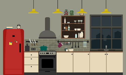 厨房内有家具和设备厨房的矢量横幅是平式的图片