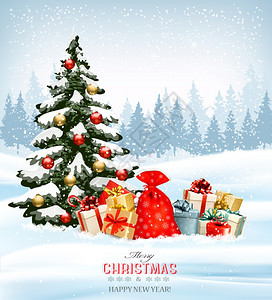 圣诞假期背景满袋礼物盒和圣诞树矢量图片