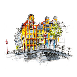 荷兰阿姆斯特丹典型房屋和桥梁的城市图画彩色手绘城市景象图片