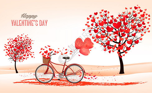 情人节背景心形树和自行车矢量图片