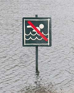 在湖边的警告标志允许小心不游泳图片