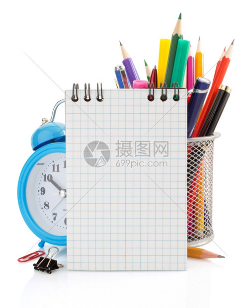 白背景孤立的学校用品和笔记本学校用品图片