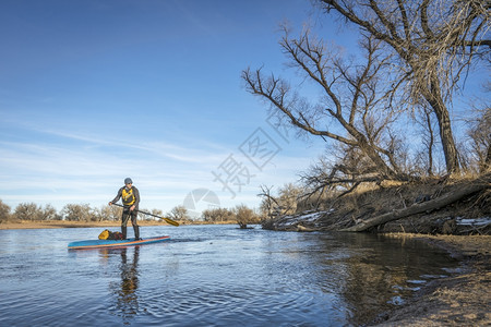 在东科罗拉多州的南普特里弗河上起立划着冬季的探险风格图片