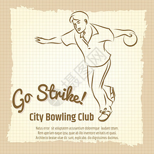 保龄球俱乐部的旧海报保龄俱乐部的旧海报设计配有男子保龄球和字母标志矢量插图图片