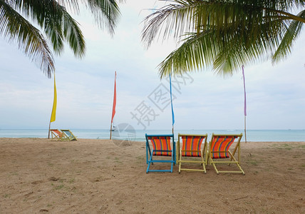 热带海滩上棕榈树下甲板椅子图片
