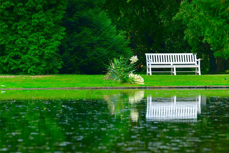 光滑湖岸上的木板凳图片