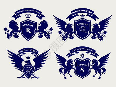 先驱王冠徽章标设置皇家王冠徽章标志和马狮子鹰标志矢量设计图片