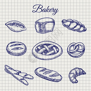 笔记本页上的面包制品手工绘的面包品活等笔记本页背景图片
