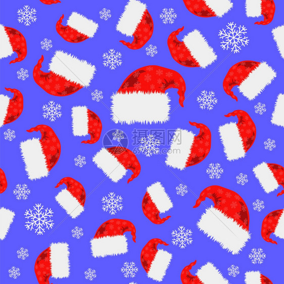 红帽子和无缝雪花模式冬季背景图片