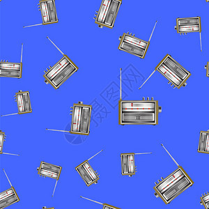 Retro旧无线电台图标缝模式蓝色背景上的旧无线电台图标缝模式图片