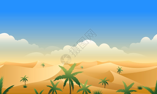 沙漠全景沙丘和棕榈树矢量图案背景图片