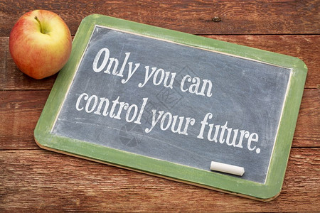 未来已来只有你能控制的未来在黑板上用正面的字词来对付红谷仓木头背景