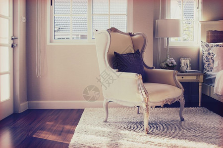 古老的经典椅子照片里面豪华卧室地毯上棕色枕头的图片