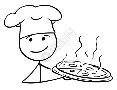 卡通矢量棍手画男厨师的顶着餐盘和披萨的厨师帽图片
