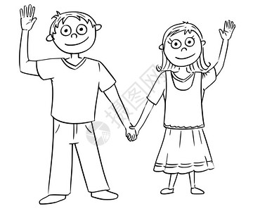 卡通可爱黑白线条男孩和女孩手牵手图片