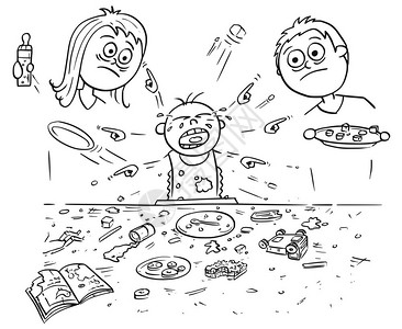 手画卡通矢量说明被宠坏的哭啼婴儿在吃东西指和要求时到处乱搞不幸的父母都站在后面图片