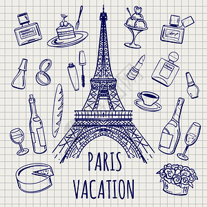 巴黎或法国符号草图笔记本背景上的法国符号草图矢量图片