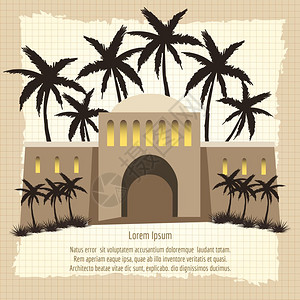 阿拉伯古老城堡和棕榈树阿拉伯风景的古老背城堡和棕榈树的矢量图图片