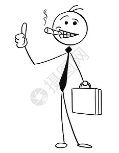 卡通矢量棒人说明成功的商人或卖家拿着大雪茄和公文包微笑举起拇指手势图片