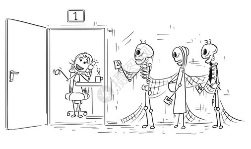 卡通病媒棍棒人举例说明了三具人类骨骼这些在排队或等待女办事员或公室工作人员正在打电话而不是工作图片