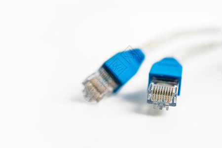 RJ45白色背景的网络电缆与连接器图片