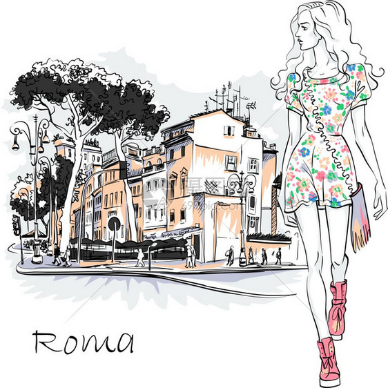 意大利罗马时装女郎穿着典型的罗马街上和意大利罗马老城的石松树夏天服装漂亮时女郎可爱的漂亮时装女郎图片