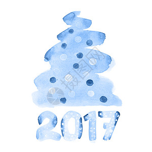 新年快乐2017蓝色水彩圣诞树隔绝在白色背景上图片