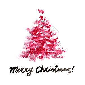 红水彩圣诞树孤立在白色背景上图片