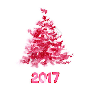 新年2017年红水彩色圣诞树在白背景上隔绝图片