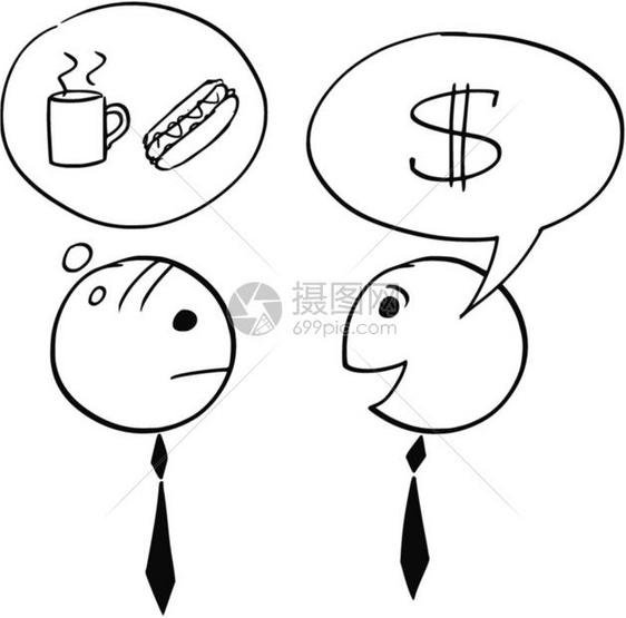 卡通木棍男插图两个商人一谈美元生意第二个考虑咖啡和热狗休息图片