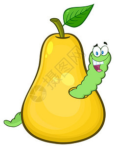黄梨水果绿色叶和虫卡通马斯科特字符图片