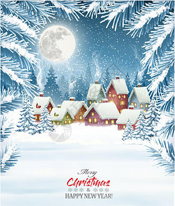 圣诞假期背景有村庄和树木矢量图片
