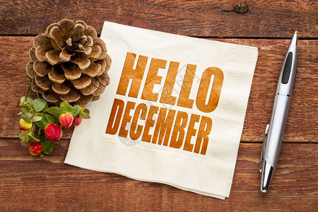 你好12月纸巾上的文字摘要与松果和生锈的谷仓木图片